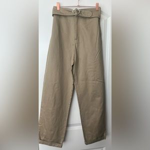 Zara Khaki Belted Flat Front Straight Leg Pant - trf collection